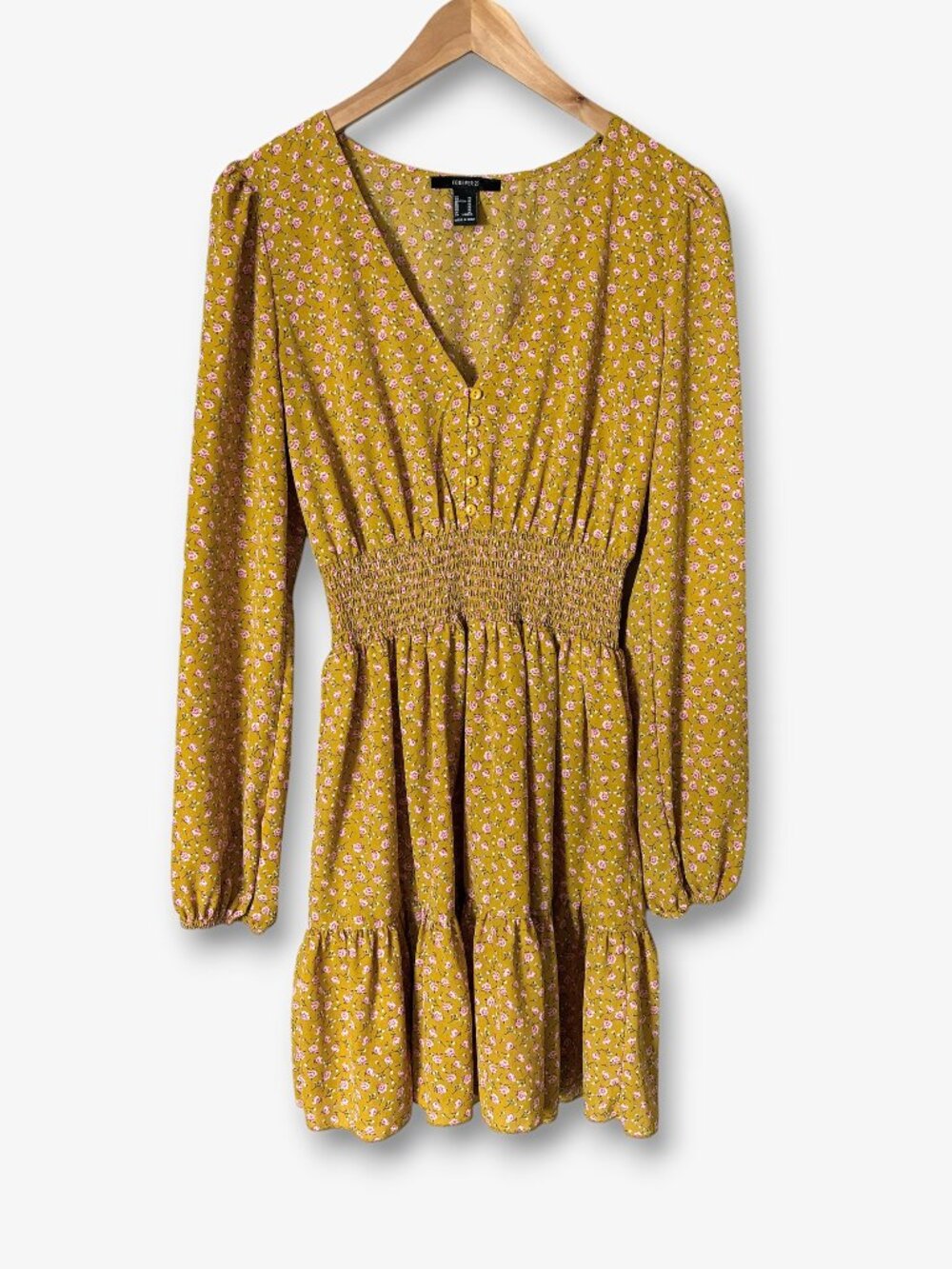 Forever 21 Ditsy Floral Smocked Mini Dress Mustard Yellow Cottagecore Size M